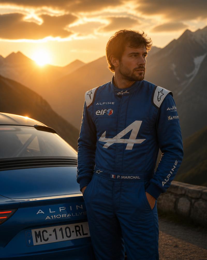 Pilote Alpine en combinaison bleue au coucher du soleil
